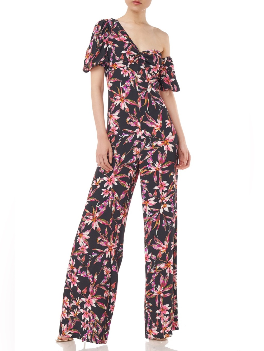 AMUR Floral Wide Leg Statement Romantic Puff Sleeve Jax Jumpsuit Size 0 Black